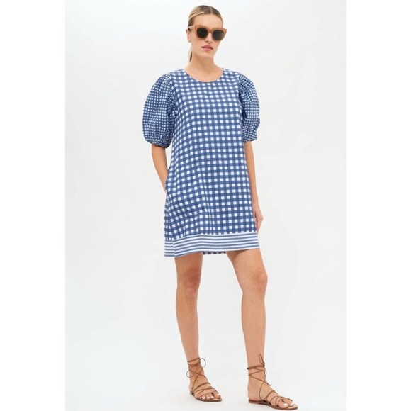 Oliphant Navy and White Checkered Puff Sleeve Mini Dress - Picture 1 of 7